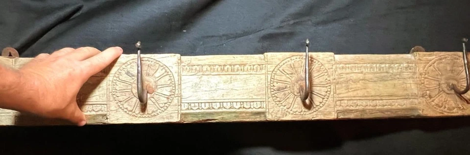 Old Antique Hand Carved Wood Architectural Salvage Wrought Iron Hat Coat Rack - Image 3 of 4