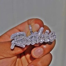 Real Moissanite 3Ct Round Cut Men's Custom Name Pendant 14K White Gold Plated