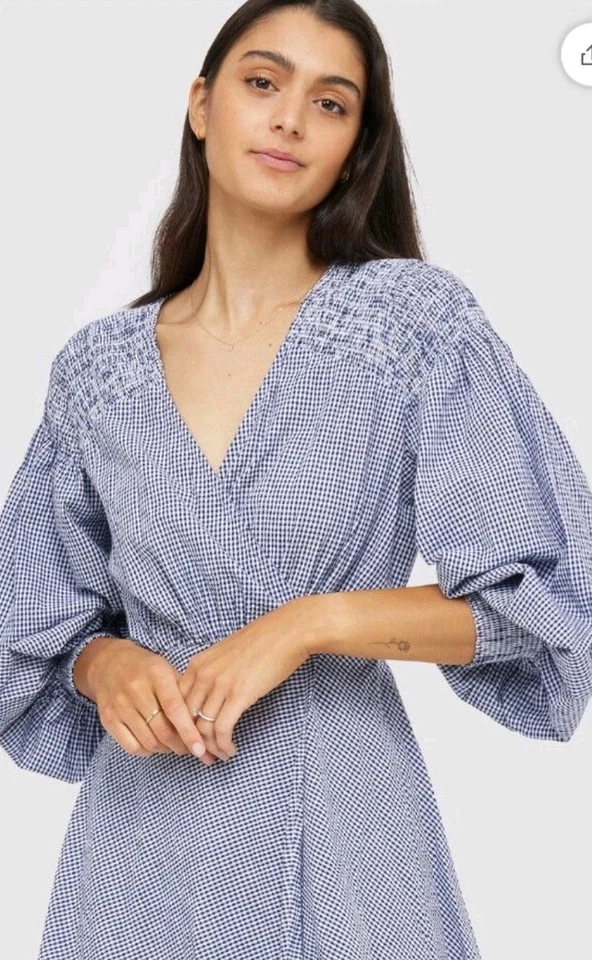 KINNEY BLUE DENIM GINGHAM WRAP MIDI DRESS  SZ Large 12  14 Lolita Dress - image 2 of 4