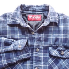 Vintage Flannel Shacket Mens M Wrangler Quilted Lined Blue Plaid Shirt Pockets
