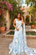 Women Sky Blue Ruffle Lehenga Saree Floral Georgette Party Wear Ready To Wear