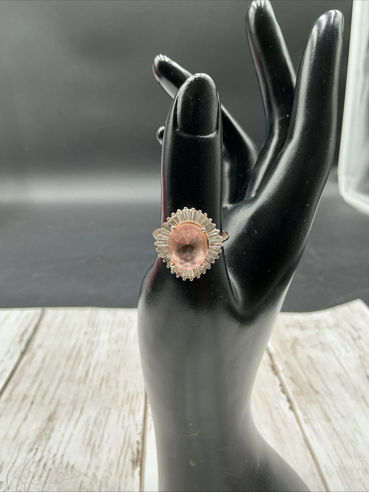 925 Silver Oval Morganite Halo Ring with Baguette-Cut Cubic Zirconia Accents 7.5