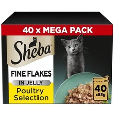 40 x 85g Sheba Fine Flakes Adult Wet Cat Food Pouches Mixed Poultry in Jelly 5.44 per kilo