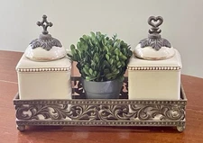 Gracious Goods GG Collection Acanthus Canister Set W/ Metal Stand Faith & Love