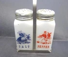 Vintage Milk Glass "Dutch" Salt And Pepper Shakers Hazel Atlas With Caddy