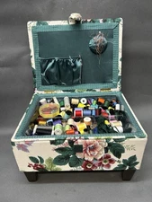 Upholstered Sewing Case Floral Wooden Feet With notions