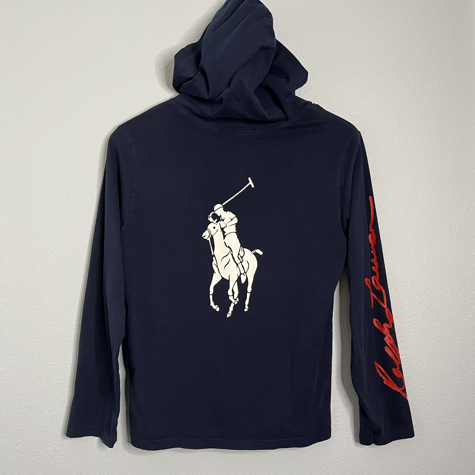 Polo Ralph Lauren ragazzo taglia L blu felpa con cappuccio t shirt grande pony manica lunga con cappuccio