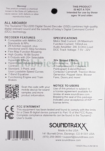 Soundtraxx TSU-2200 Tsunami2 Electric loco Sound decoder, 2amp universal version - Picture 4 of 4