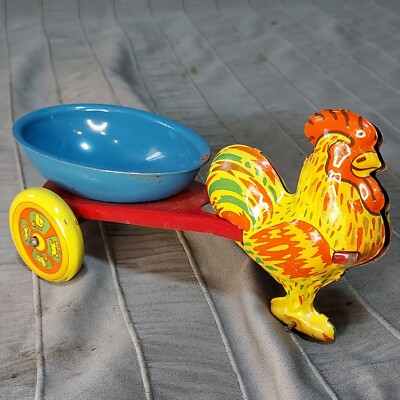 1950s Wyandotte Tin Litho Rooster Chicken Pulling Oval Egg Cart