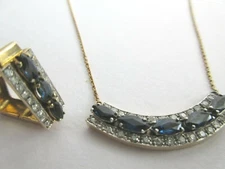 18K GOLD CEYLON SAPPHIRE & DIAMOND PENDANT NECKLACE EARRINGS SET ART DECO STYLE 