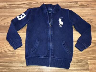 Polo Ralph Lauren Big Pony Boys Zip Up Cardigan Sweater Blue Cotton Rugby sz 6