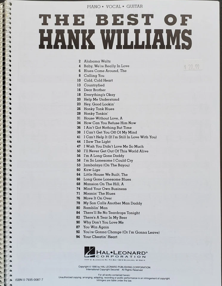 Hank Williams The Best Of Piano Guitar Vocal Sheet Music Song Book - Image 2 of 4