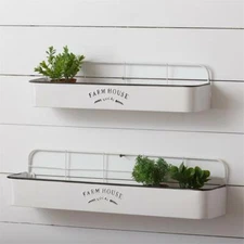 New Set of 2 WHITE FARMHOUSE LOCAL SHELF Wall Hanging Metal Rack Bins 