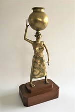 Large Vintage African Brass Tribal Figurine of a Watercarrier on a Hardwood Base