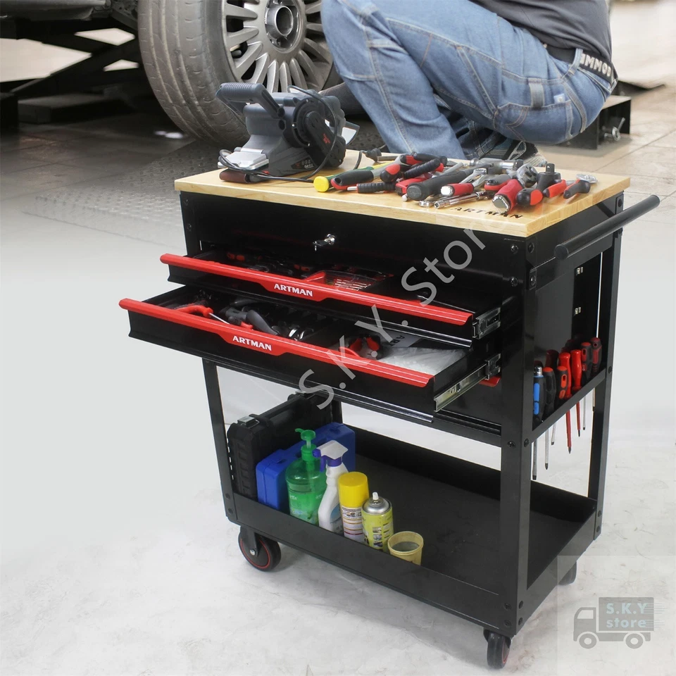 Механика тележка для инструментов, 3 ящика стальной шкаф для хранения с колесами, деревянный верх красный - Изображение 2 из 4