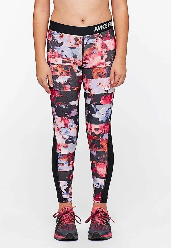 Nike Pro Girls' Hyper Crimson/Black Floral Printed Tights AQ6243-809 Size XS  NWT