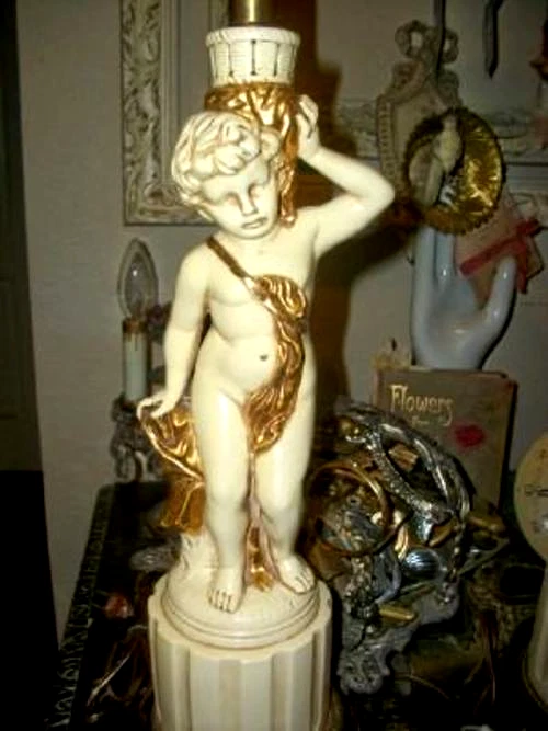 PAR DE LÁMPARAS DE MESA HOLLYWOOD REGENCIA QUERUBINES PUTTI ESTILO MOREAU FRANCÉS BLANCO DORADO Foto 4 de 4