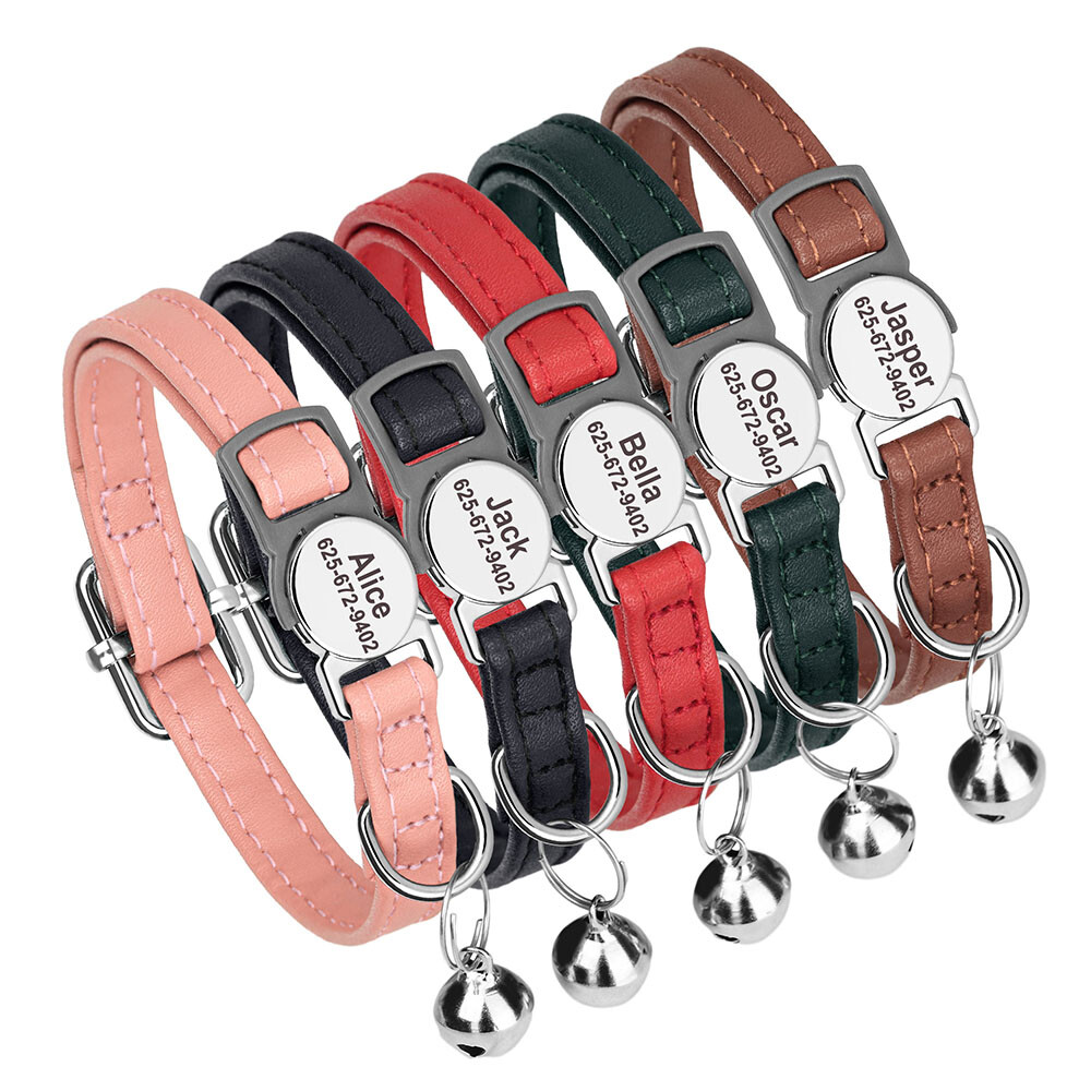 Personalisierbares Katzenhalsband Aus Echtleder – Mit Namensschild, Glocke & Optionalem Gravuranhänger | Verstellbar, In Mehreren Farben