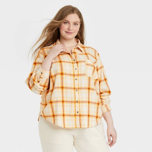 Women Plus 4X Long Sleeve Flannel Button-Down Shirt Top Universal Thread Yellow - Picture 3 of 3