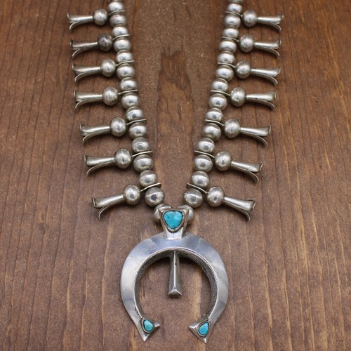 Very Nice Vintage Sterling Silver and Turquoise Squash Blossom Necklace