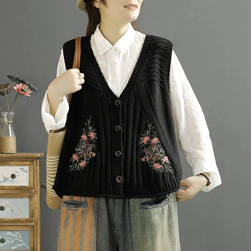 Gilet Sans Manches En Tricot Brodé Pour Femmes À Col En V Ethnique - Photo 2/4