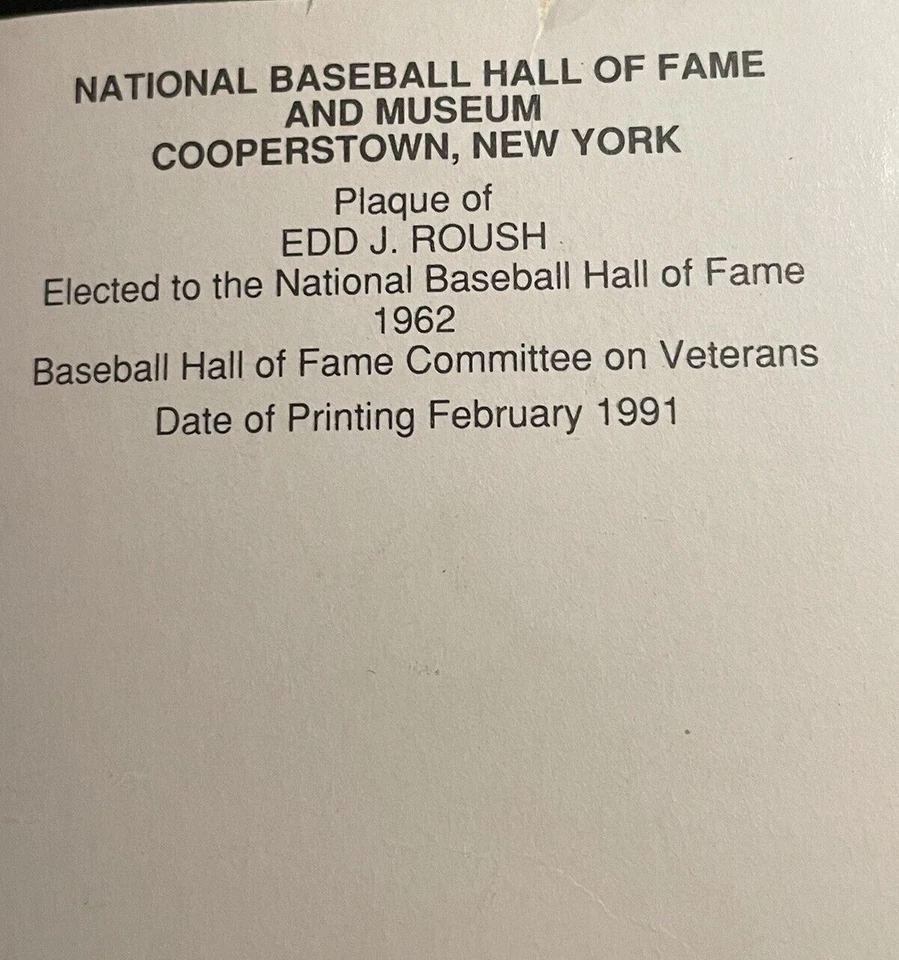 Edd Roush National Baseball Hall of Fame Postcard 1991 Unused HOF 1962 Roberts - Image 3 of 4