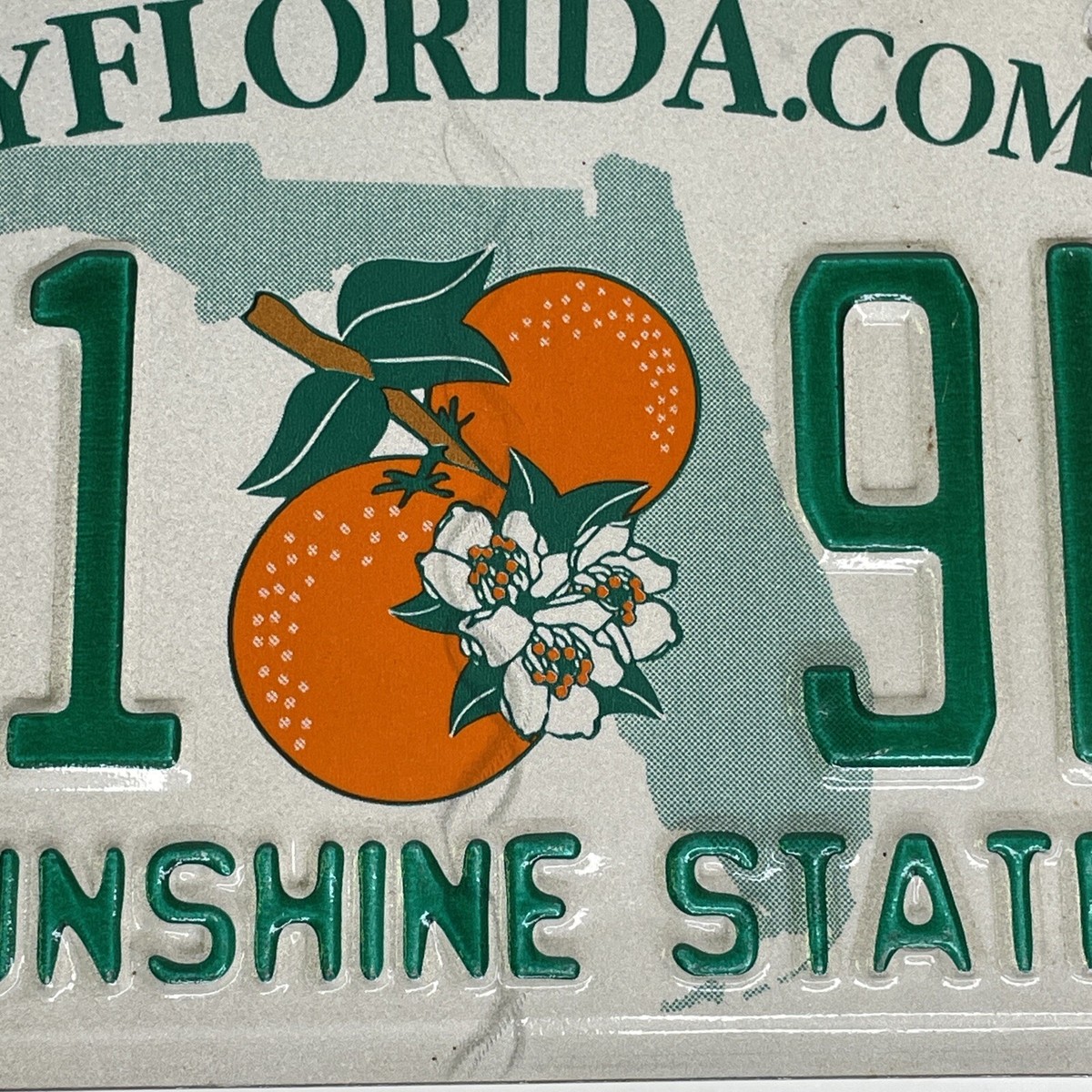 Florida State License Plate Orange Blossom Green White SUNSHINE
