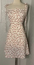 Shein Retro White & Red Floral Print Flared Smocked Satin Slip Dress, Size L