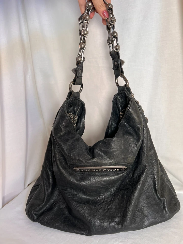 Auténtico Bolso de Mano Thomas Wylde Motor Cadena Grande Cuero Piel de Cordero Negro RARO Foto 4 de 4