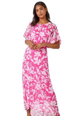 Floral Frill Detail Chiffon Midi Dress For Women UK Ladies Roman