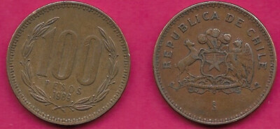 CHILE 100 PESOS 1989 NARROW DATE,EDGE LETTERING POR LA RAZON O LA FUERZA,DENOMIN