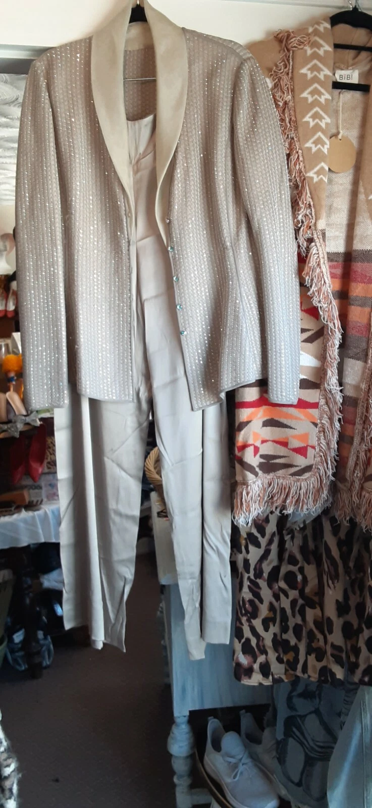 Giorgio Armani — GIORGIO ARMANI COUTURE TAUPE CHAMPAGNE SUIT WITH CRYSTALS AND SILK PANTS EURO 38