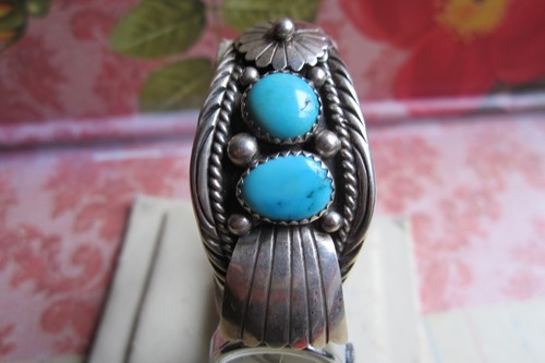 Turquoise Silver Flower Navajo Quartz Watch Navajo Cuff Watch Timex Silver Watch - Picture 4 of 12