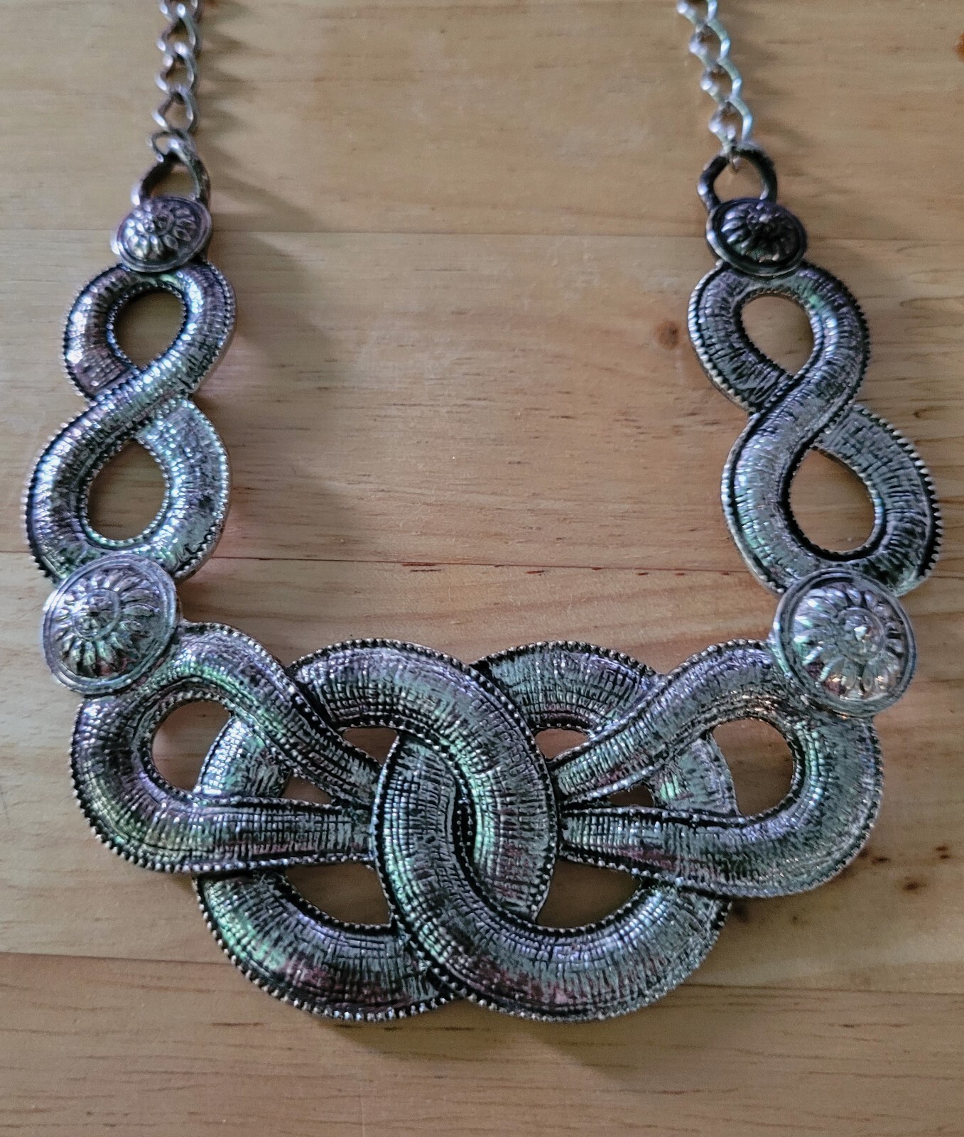 Silvertone Infinity, Knot, Loop Necklace Statemen… - image 1