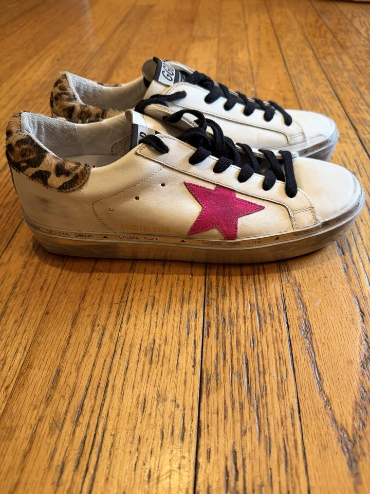 Zapatos Golden Goose Hi Star para mujer talla 10 blanco rosa cuero leopardo Italia Foto 2 de 4