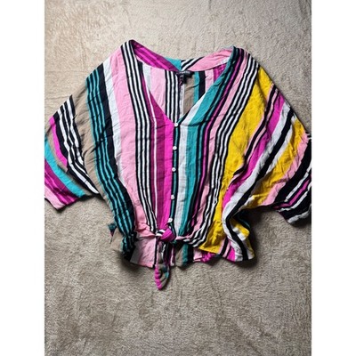 Express Women Small Multi Color Striped Tie Front  Dolman Sleeve Top Boho Artsy