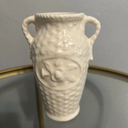 Vintage McCoy USA Vase Basketweave Texture Ivory w/Handles 5” Tall