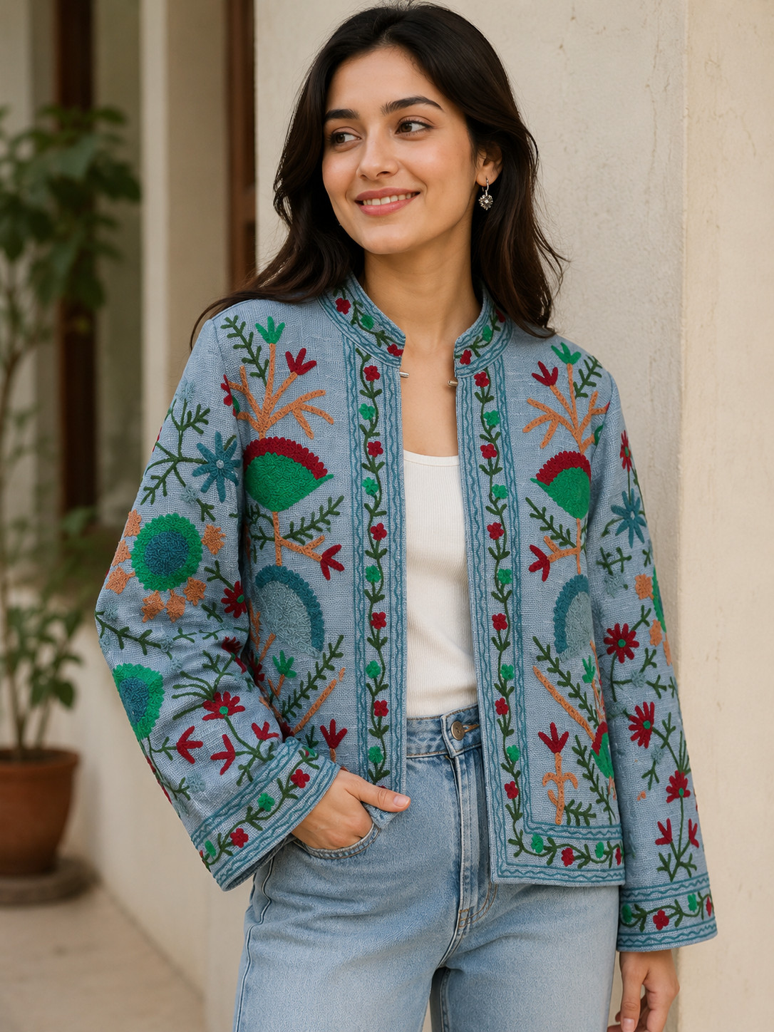Gray Floral Women’s Cotton Suzani Jacket Bright Handmade Boho Outerwear Jackets