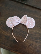 Velvet Pink Mouse Ears Hair Bow Headband with Pearls Party Fashion Headwear