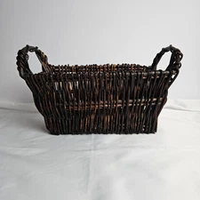 Rustic Wicker Basket with Handles Dark Stained Handwoven Gathering Storage Decor
