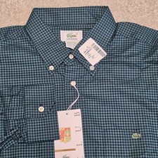 Vintage 90s Lacoste Button Down Shirt L Made France Green Blue Check Cotton NWT