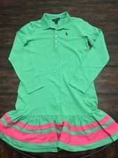 Polo Ralph Lauren Girls 8/10 Pink Green Button Down Shirt Dress Euc