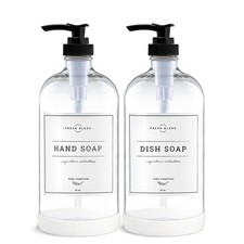 2 Pack Glass Soap Dispenser Set 16 oz Clear Bottle Black Pump Waterproof Labels