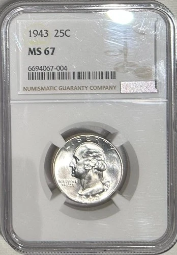 1943 WASHINGTON QUARTER  25C NGC MS 67 - Bright White!