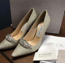 JIMMY CHOO Romy 100 Pointed-Toe Glitter Pumps with Crystal US7.5/VG LTD From JP