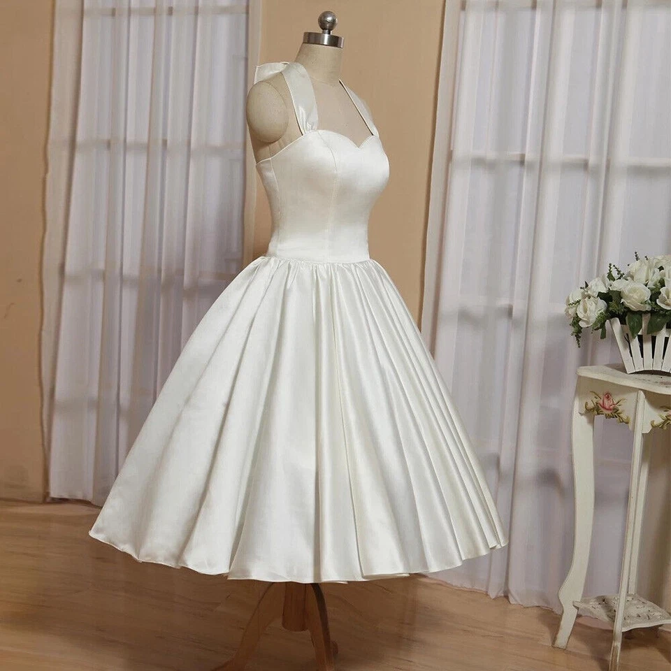 Short Ivory Wedding Dresses Satin Halter Neck Bow Tea Length Bridal Dresses - Image 4 of 4