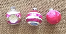 3 Vintage Shiny Brite Glass Pink & Silver Christmas Ornaments 2" - 2.5" 1 Double