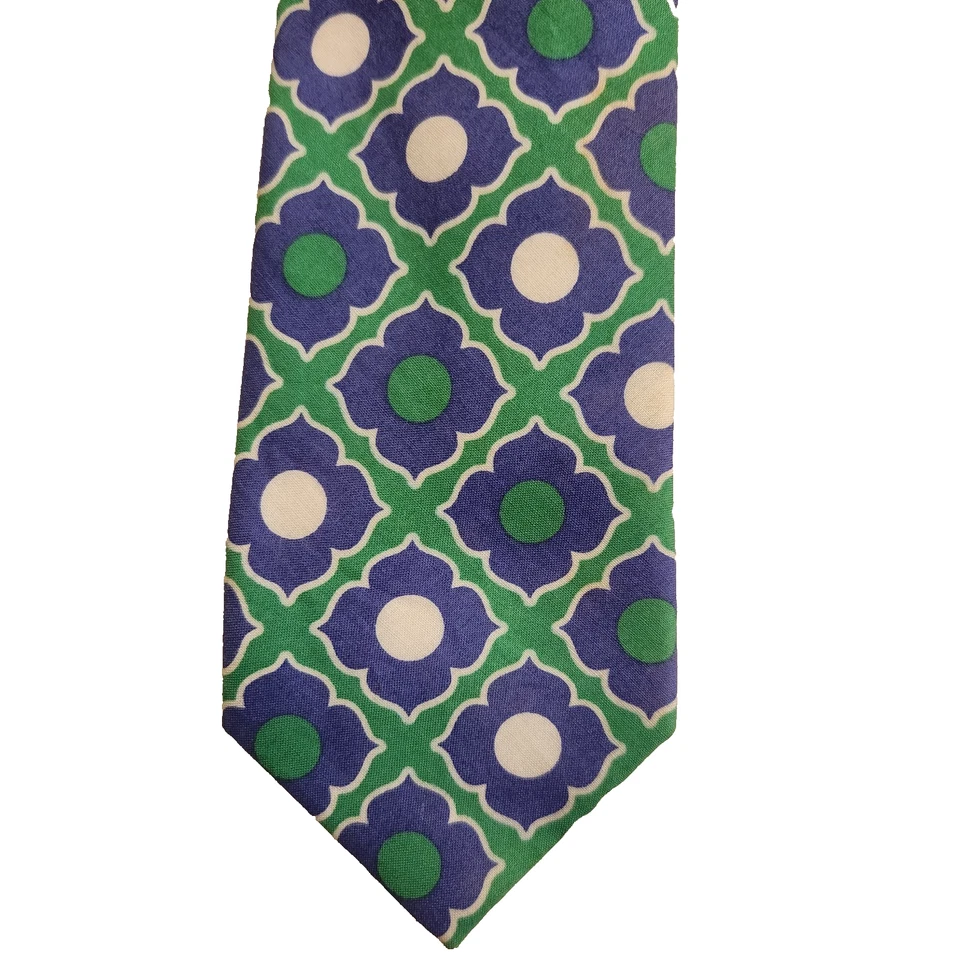 Tommy Hilfiger  Tie Floral Geometric Retro Green Blue White Cotton Mens Necktie - Image 2 of 4