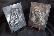 Vtg Silver Pewter Tone Goldscheider Plaques Jesus & Mary Germany 3D Relief
