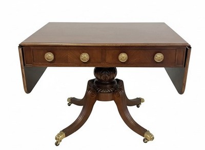 New Mahogany and Brass Drop-leaf Expandable Sofa Table with Drop Down Sides